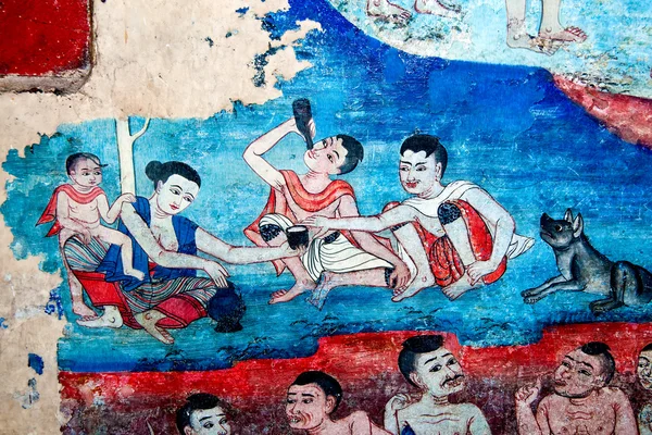 Ruiny sztuka malowania na ścianie w świątyni. jest to tradycyjny — Zdjęcie stockowe