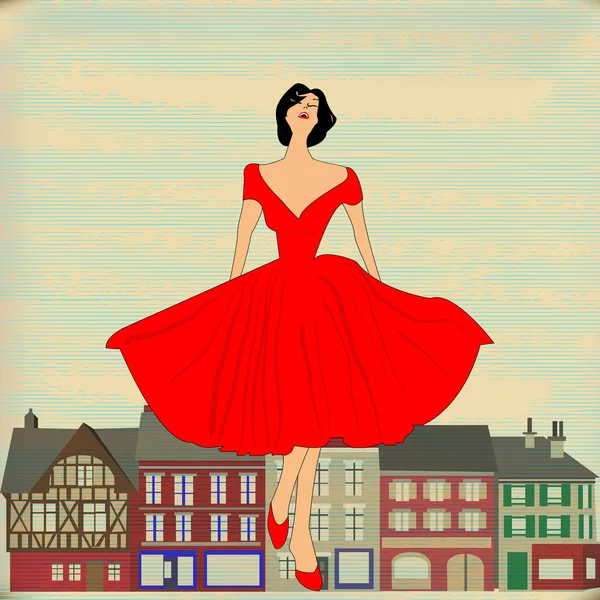 Retro Happy, Chica en rojo 1950 — Archivo Imágenes Vectoriales
