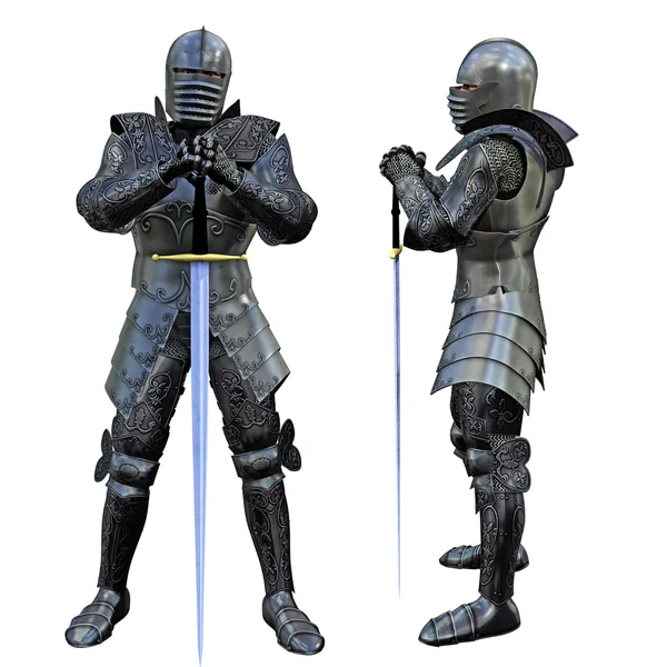 Caballero espadachín con armadura completa, 3D render —  Fotos de Stock