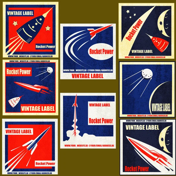 Retro Space-rakéták Vintage Címkék — Stock Vector