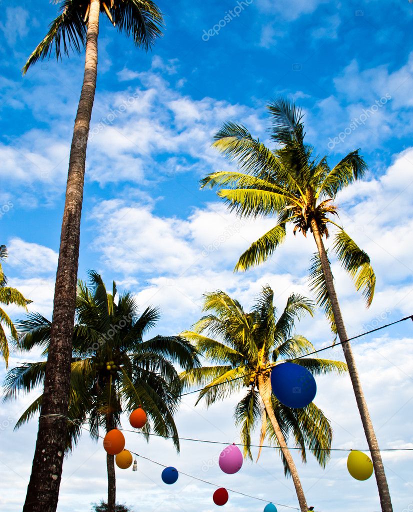 Coconut trees with multi-colored balloons.