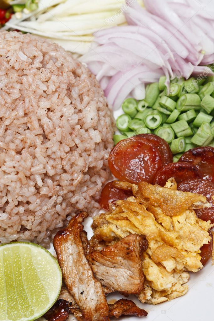 Native Thai style steamed rice withe pork, egg and vegetables Stock ...