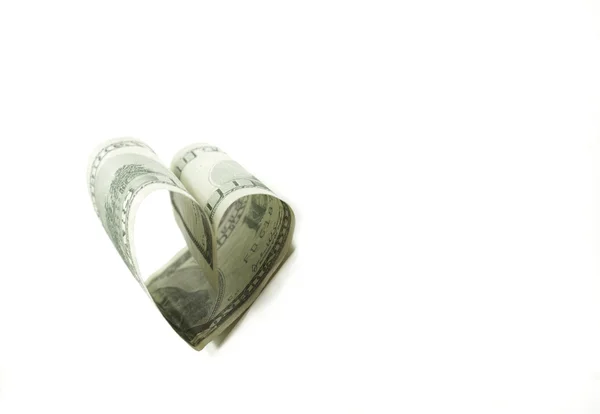 Heart shaped 100 dollar bill isolated — Stock Photo, Image