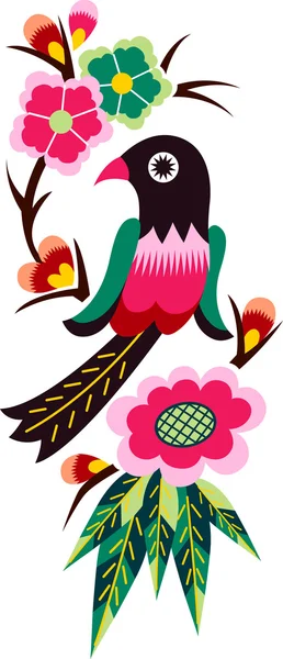 Colorato uccello e fiore emblema grafico — Vettoriale Stock
