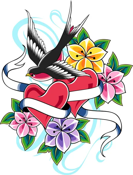 Χελιδόνι τατουάζ λουλούδι — Διανυσματικό Αρχείο