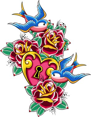 Sparrow heart and flower emblem clipart