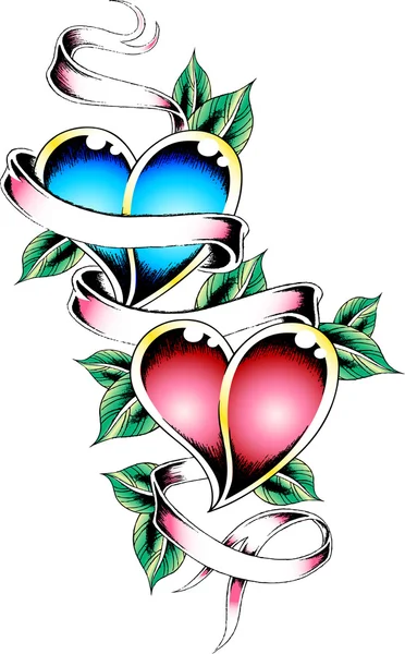 Dupla szív tetoválás tervezés — Stock Vector