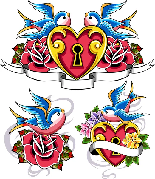 Corazón de gorrión y emblema de flor — Vector de stock