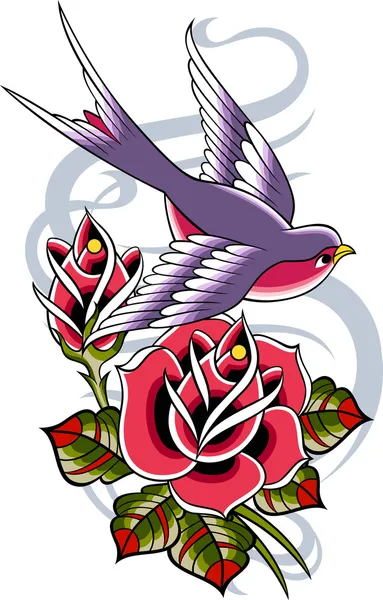 Vogel met roze bloem — Stockvector