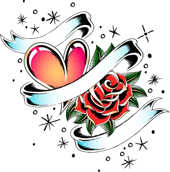 Banner de lazo de corazón y rosa — Vector de stock