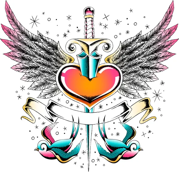 Corazón con emblema de espada — Vector de stock