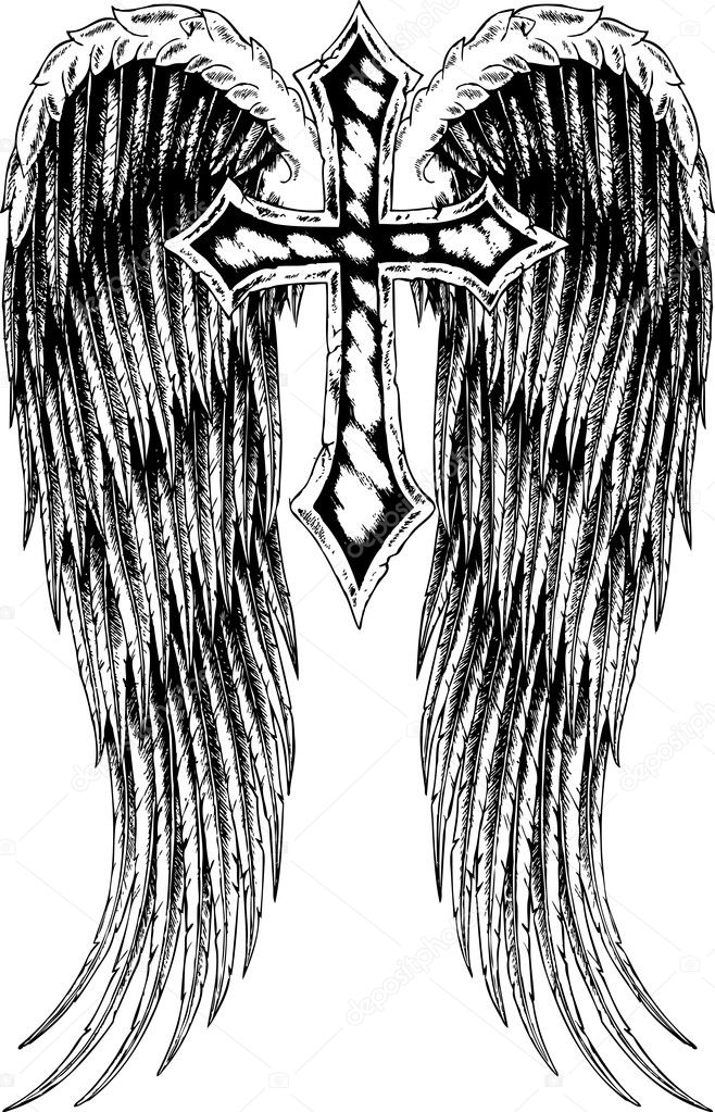 Cross and wing tattoo