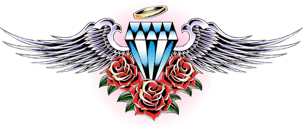 Diamantové tetování s růží a křídlo — Stockový vektor
