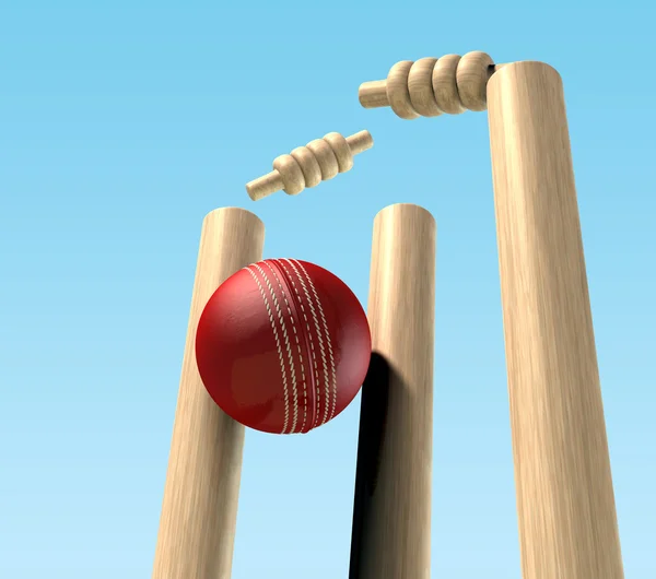 Kriketový míček zasáhne branek — Stock fotografie