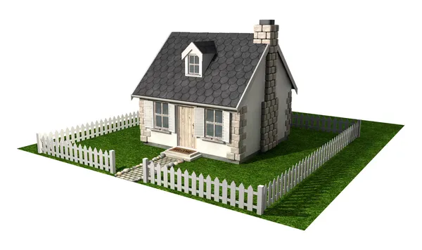 Schilderachtige huisje huis met tuin en piket hek — Stockfoto