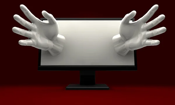Mãos a chegar do monitor do computador — Fotografia de Stock