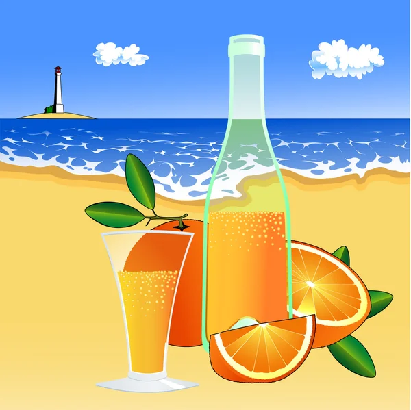 Апельсины и стакан сока на пляже — стоковый вектор