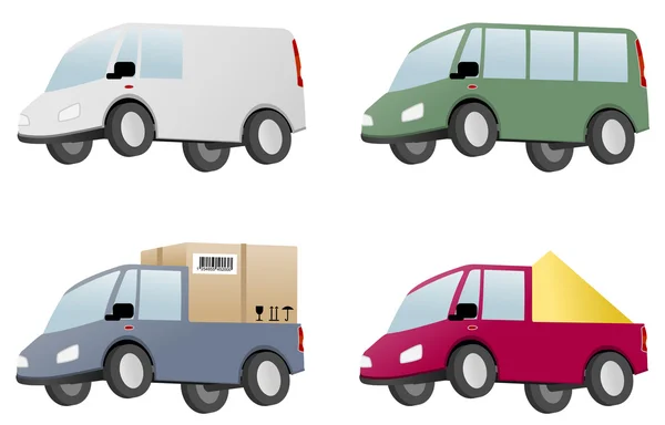 Cztery samochody dostawcze z ładunkiem — Wektor stockowy