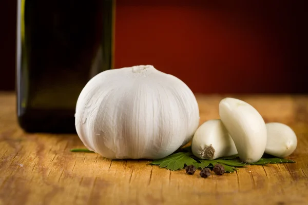 Vintage still life with garlic, pepper — Stock Photo, Image