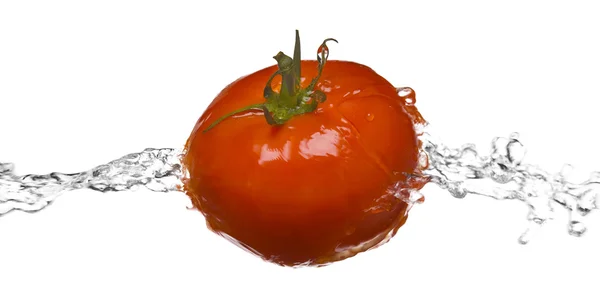 Tomat splash makro isolerade över vit bakgrund Stockfoto