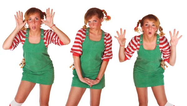 Χαριτωμένο ξανθιά κοπέλα με φακίδες και συναισθήματα πράσινο φόρεμα, απομονωμένη Εικόνα Αρχείου