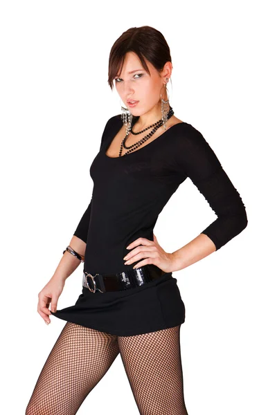 Roztomilá mladá brunetka v černé sexy šaty, samostatný — Stock fotografie