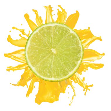 Sliced lime splash with orange juice isolated on white backgroun clipart