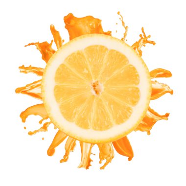 Sliced lemon splash with orange juice isolated on white backgrou clipart