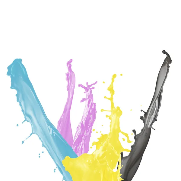 Malowania splash cyjan, magenta, żółty i czarny na białym tle na Zielone Świątki — Zdjęcie stockowe
