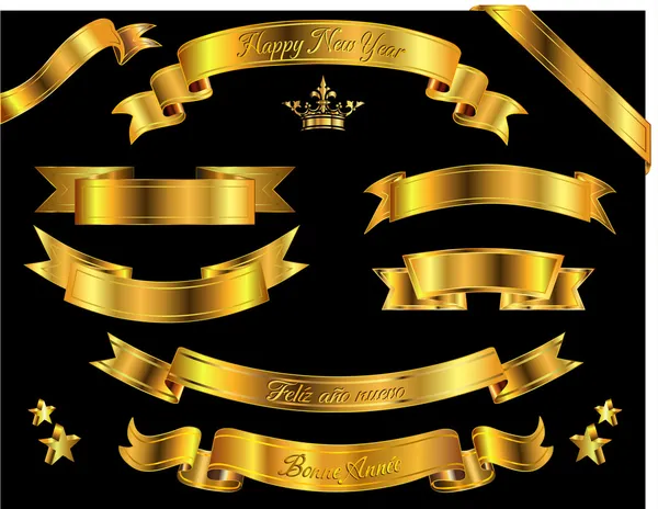 Bandeiras de ouro brilhantes com inscrição Feliz Ano Novo — Vetor de Stock