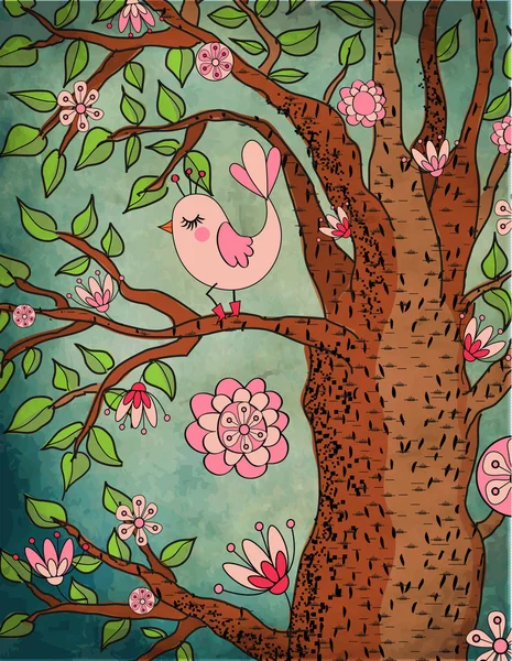 可爱的小鸟栖息在一棵开花的树上 — 图库矢量图片