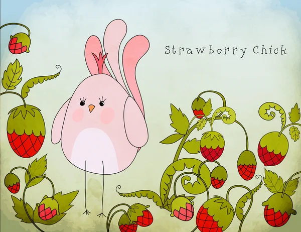 可爱的粉红色鸟在草莓字段 — 图库矢量图片
