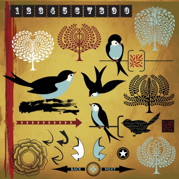 Vogels, bomen en ontwerpelementen — Stockfoto