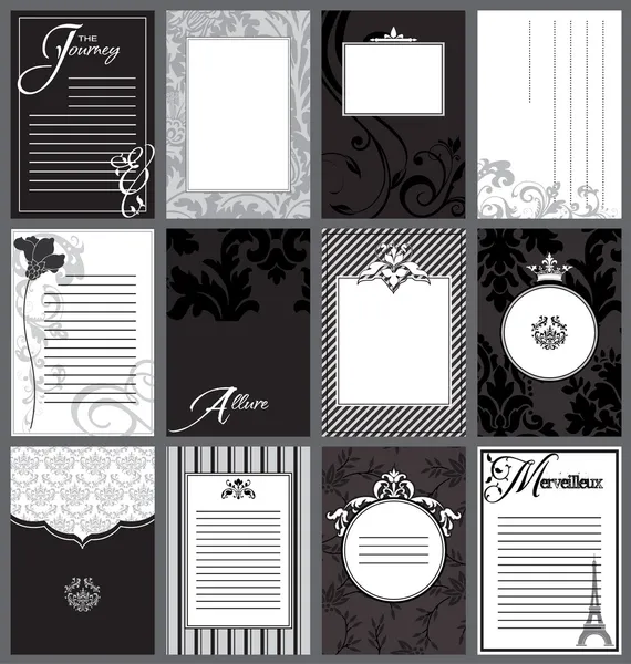 Einladungen und Tagebuchkarten, schwarz / weiß — Stockvektor
