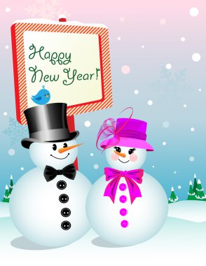 Snowman and Snow-Woman Celebrating New Year's Eve clipart