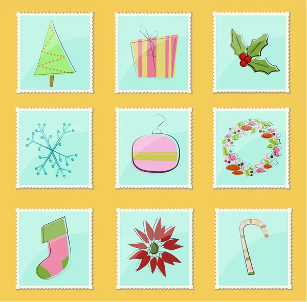 Icônes de Noël sur timbres — Image vectorielle