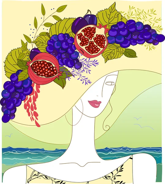Gyümölcs-terhelt kalapot visel a gyönyörű nő — Stock Vector