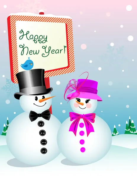 Muñeco de nieve y mujer nieve celebrando la víspera de Año Nuevo — Archivo Imágenes Vectoriales