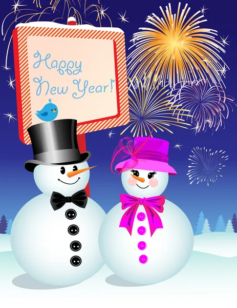 Snowman and Snow-Woman Celebrating New Year's Eve — Stock Vector