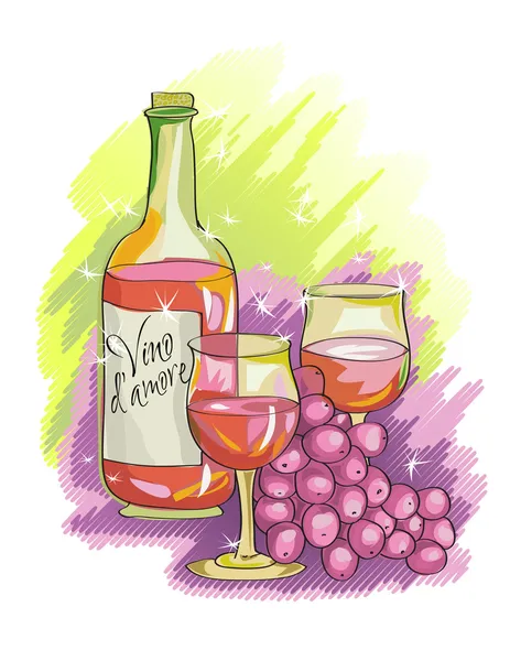 Botella de vino dibujada a mano con copas y uvas — Vector de stock