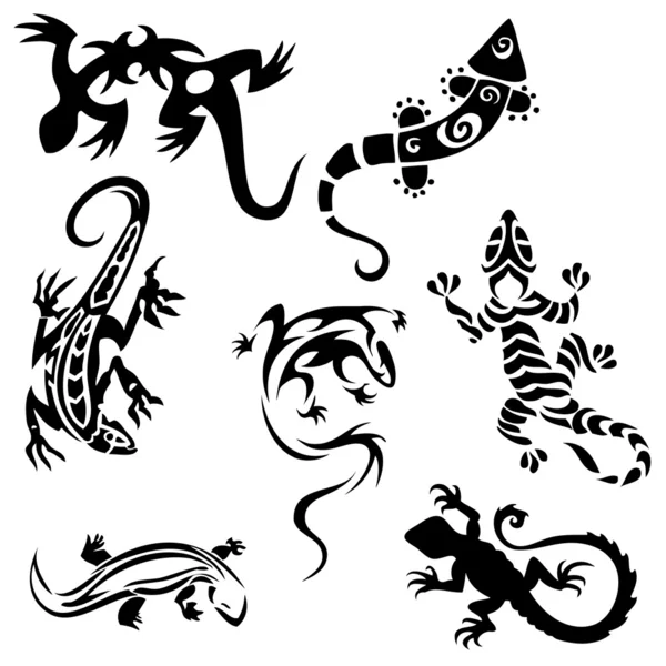 Tattoos lizards (collection) seven silhouettes — Stock Vector