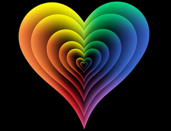 黒い背景に 7 つの虹色心 — ストックベクタ