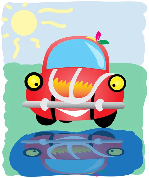 The drawn car looks at the reflection — Stock Vector