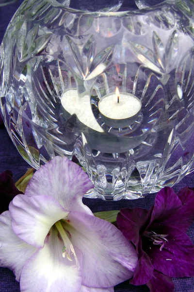グラジオラスとテーブルの装飾。ロマンチックなランデブー — ストック写真