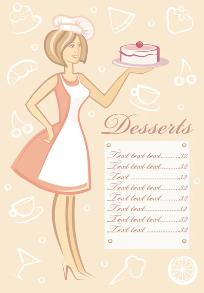 La femme avec dessert dans l'assiette — Image vectorielle