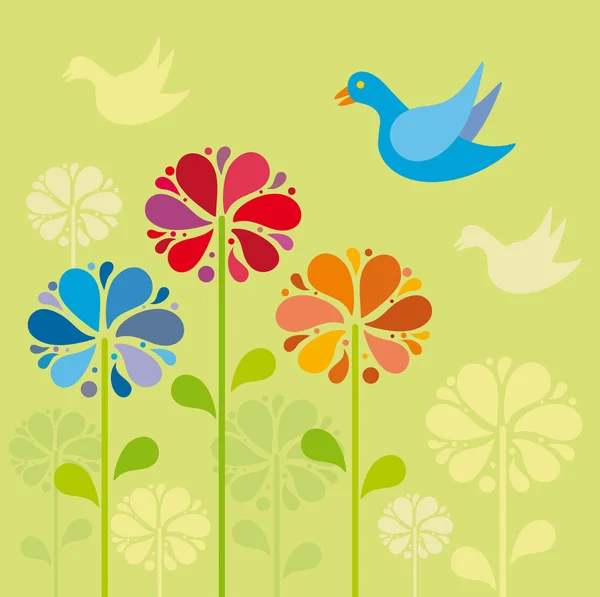 Fundo com flores e pássaros — Vetor de Stock