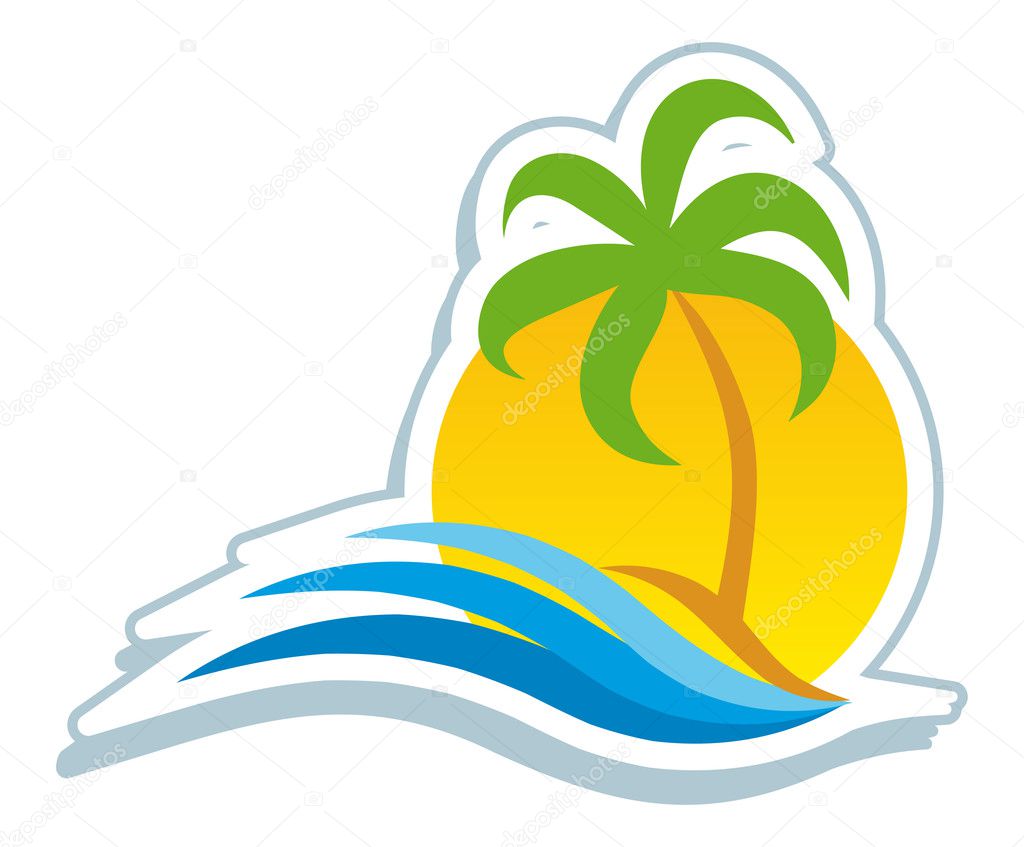 Sticker with tropical symbol: images of palm trees, waves, islands