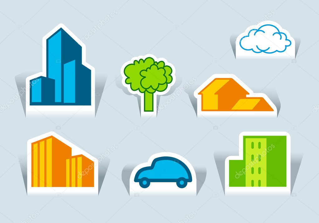 Symbols of buildings, tree and the car