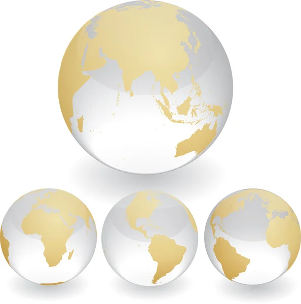 Cuatro globos mostrando la tierra con todos los continentes . — Vector de stock