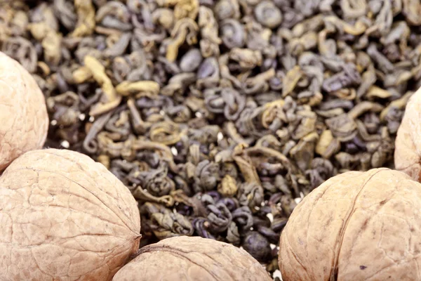 Green tea and walnuts — Stock Photo, Image
